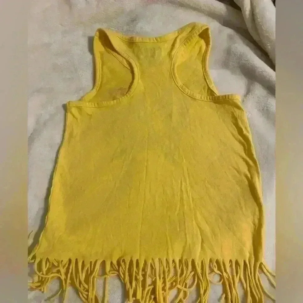 Girls Razorback tank in yellow with glittery butterfly in pink & orange size S/P